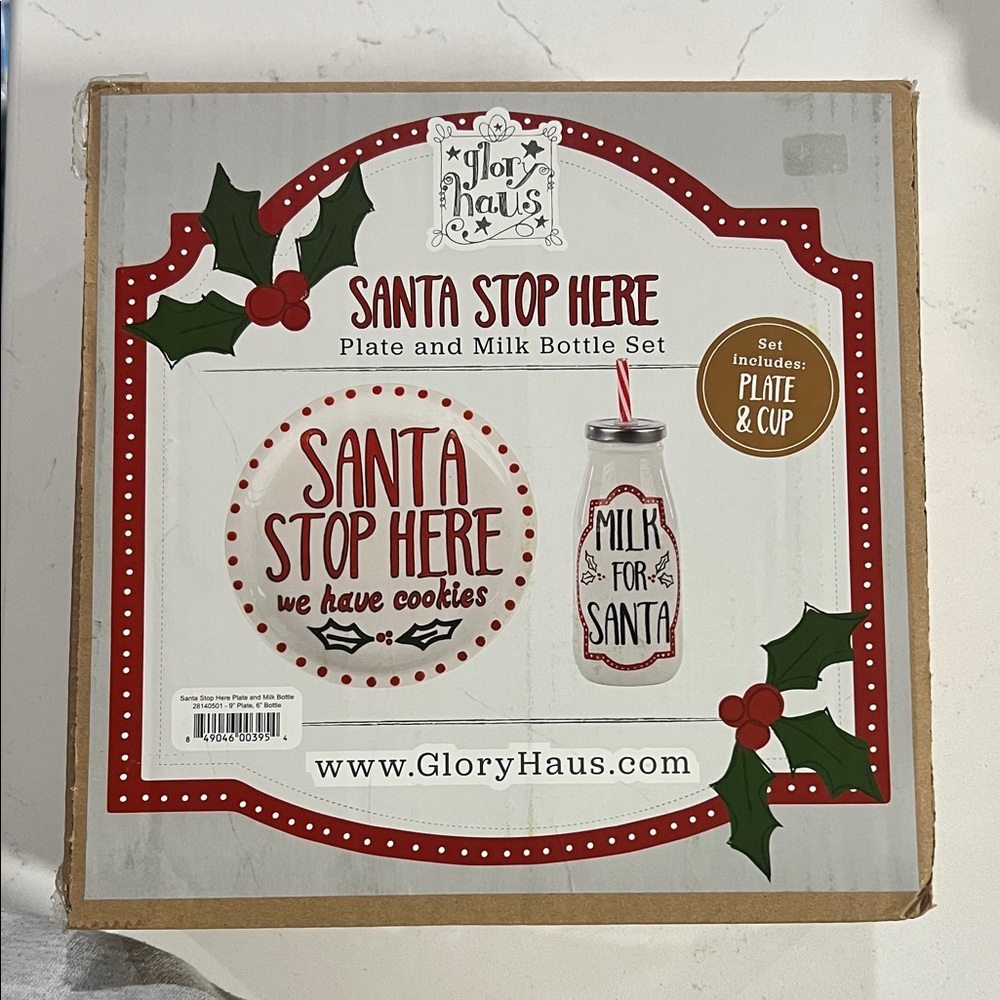 Glory Haus Santa Stop Here Plate and Milk Bottle Set - Red and White